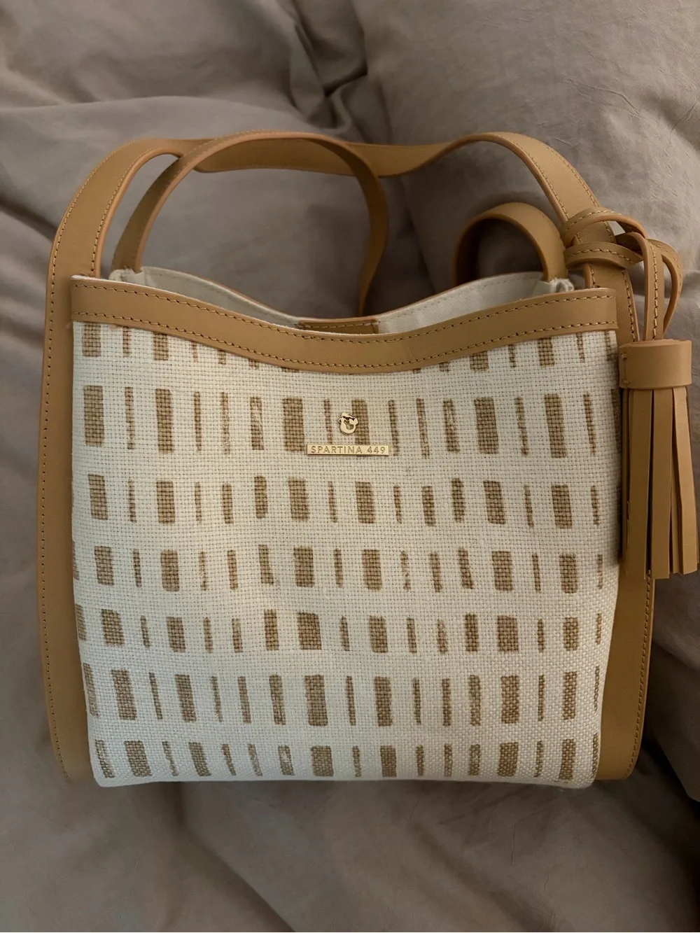 Spartina 449 Cream & Tan Patterned Woven Tote with Tassel